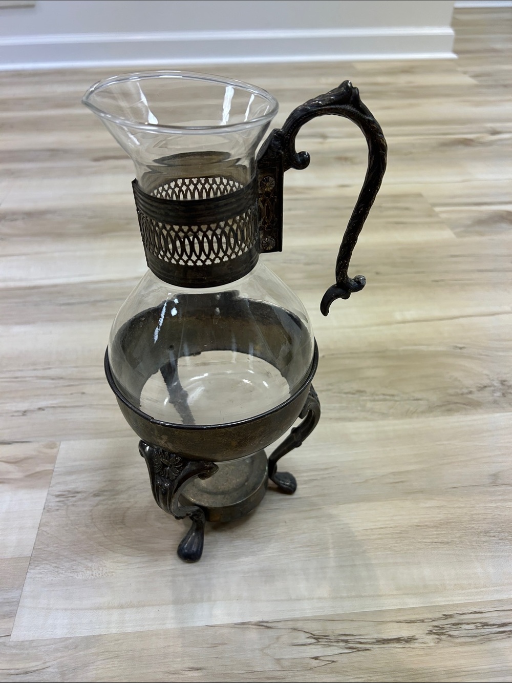 Ornate Glass Coffee Carafe with Bronze-Tone Metal Handle and Stand – Brown